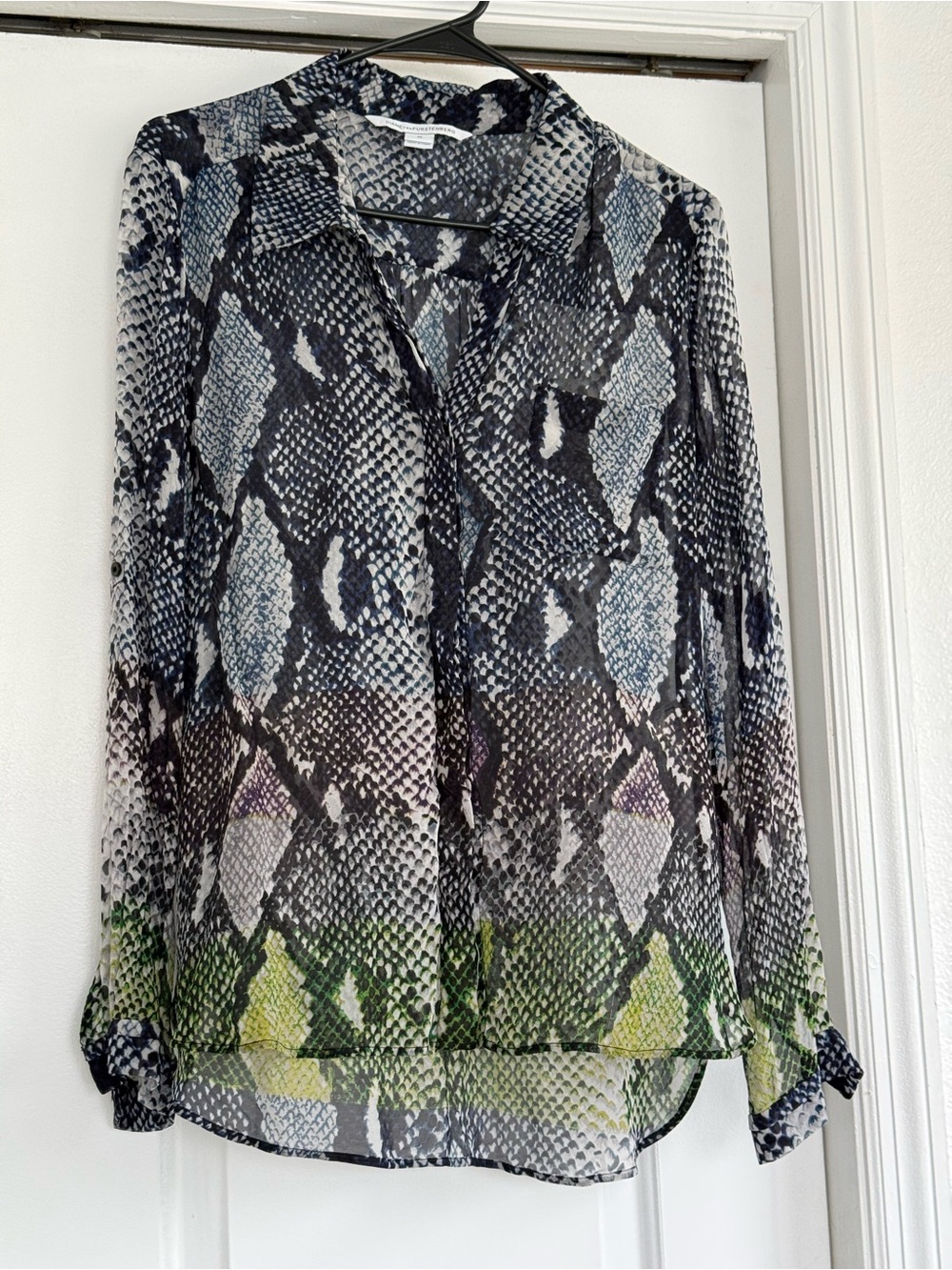 Diane Von Furstenberg Black, Gray, Blue & Green Snake Print Blouse